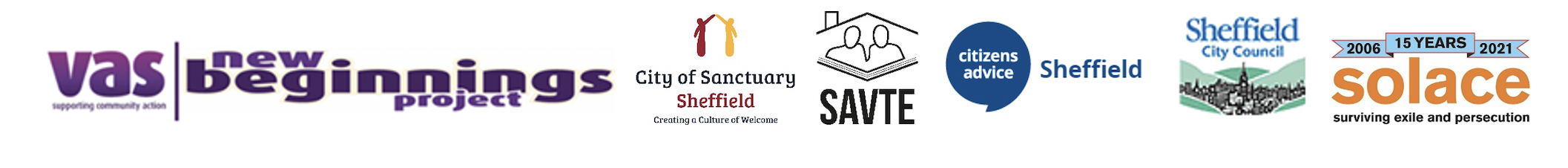 A series of logos for the VAS new beginnings project, City of Sanctuary Sheffield, SAVTE, Citizens Advice Sheffield, Sheffield City Council, and Solace.